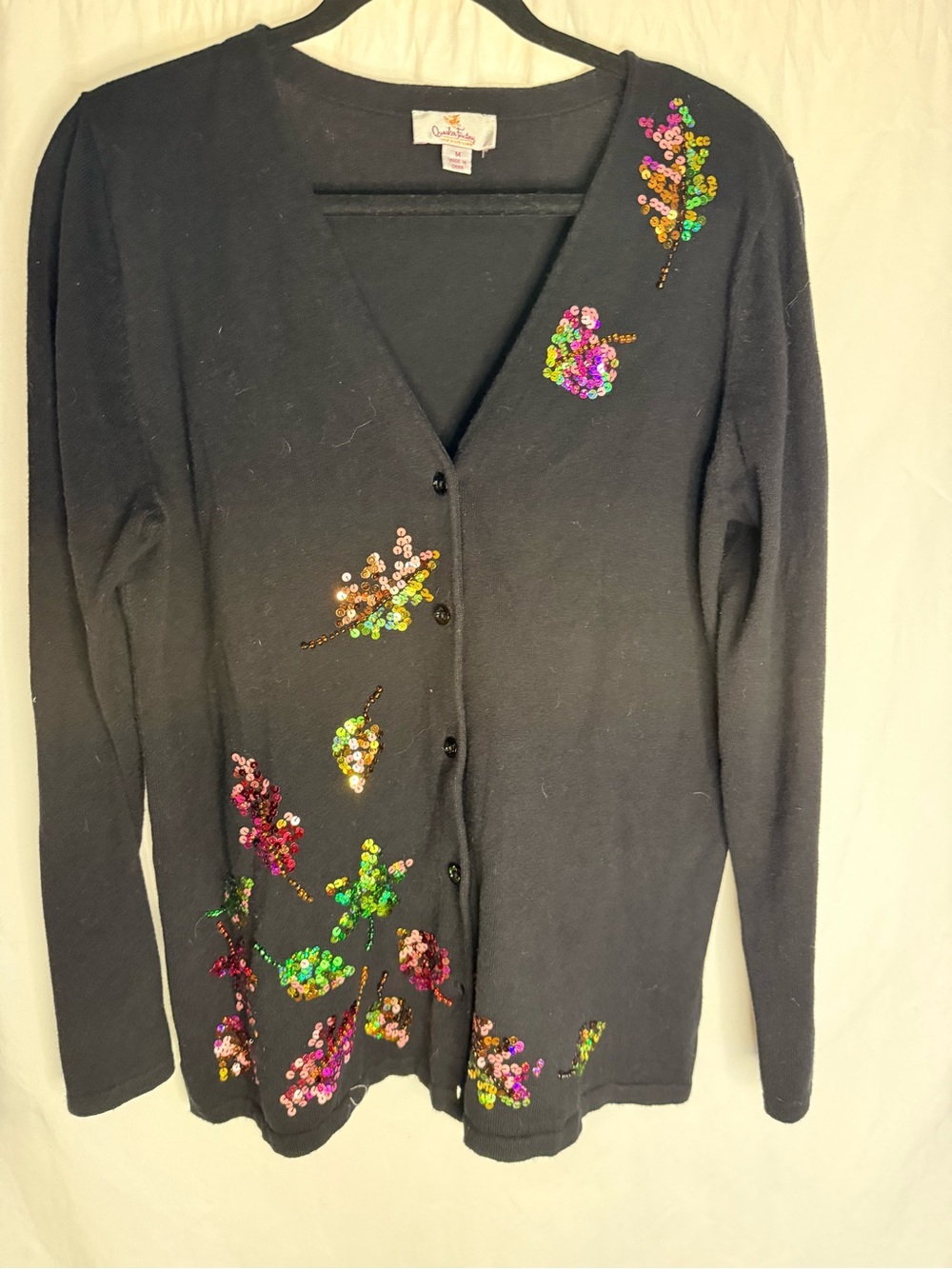 Quacker Factory Black Cardigan with Multicolor Sequin Floral Accents